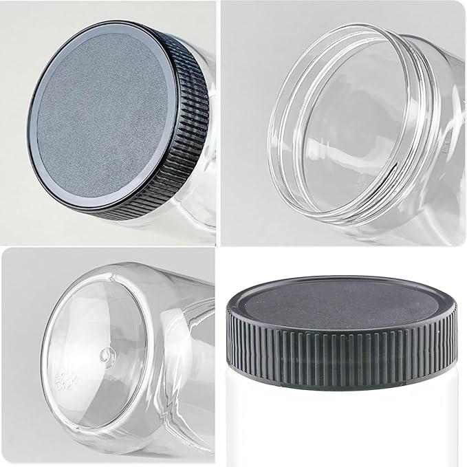 10 Oz Clear Plastic Jars with Black Lids Refillable Kitchen Storage Containers for Dry Food Coffee Nuts and More (4), Clear+Black