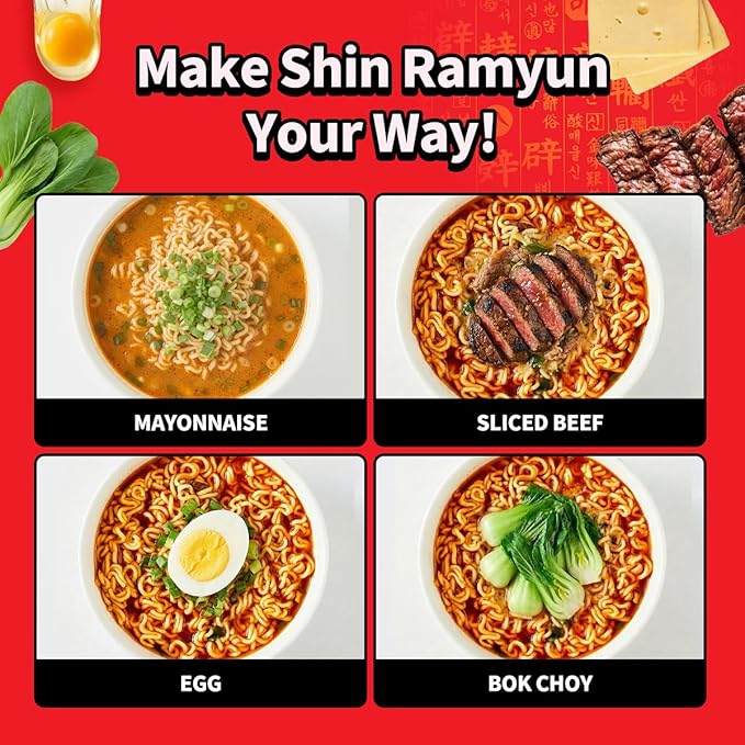Nongshim Shin Ramyun Noodles, Spicy Korean Signature Instant Ramyun, Rich Beef Flavored Broth, Microwaveable, Korean Instant Noodles, 4.23 oz (Pack of 20), Packaging May Vary.