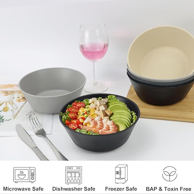 PYRMONT Large Salad Bowl 36 OZ Wheat Straw Bowls Set of 8 Alternative Plastic Bowls Dishwasher & Microwave Safe Large Serving Bowl for Party Unbreakable Soup Bowls for Camping Kitchen Bowls-Grey Stone