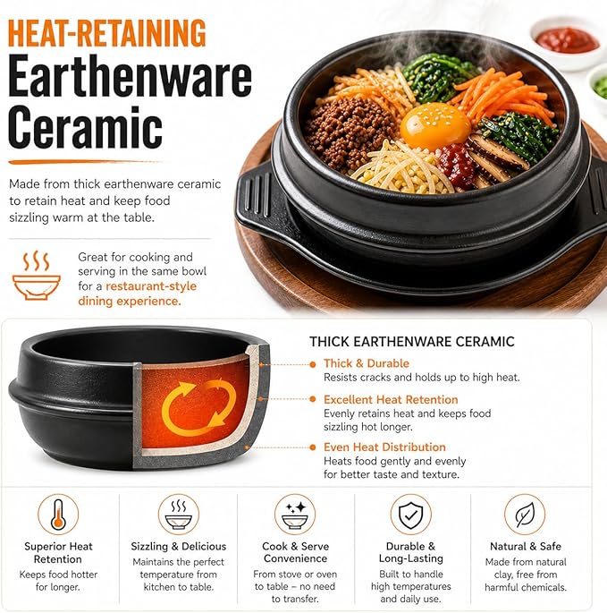 XICHENGSHIDAI Korean Stone Bowl with Tray, Dolsot Bibimbap Bowl, Earthenware Ceramic Hot Pot for Soup, Stew, Rice, Ramen and Ttukbaegi, Oven & Stovetop Safe, Black - 37oz