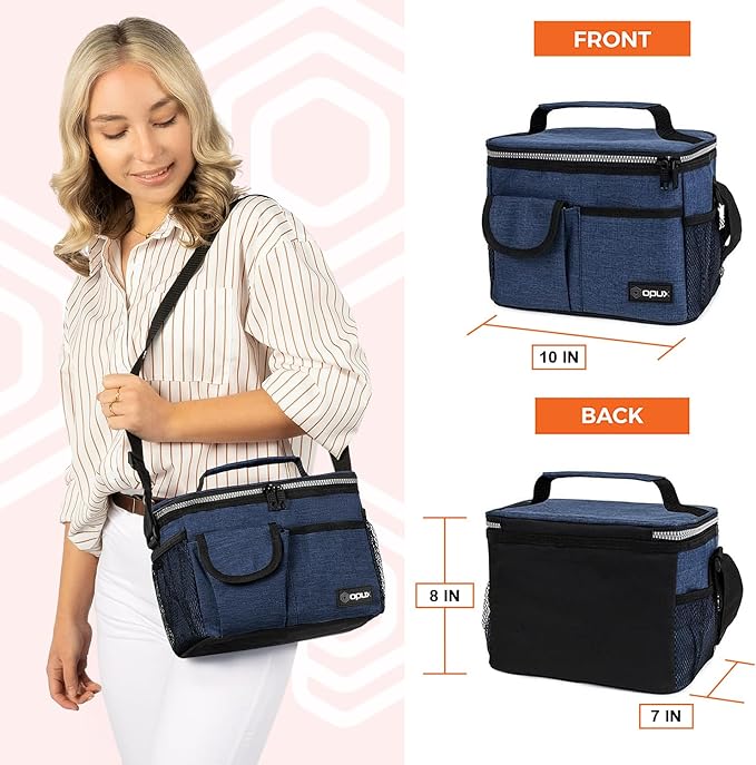 opux Insulated Lunch Box for Men Women Kids, Leakproof Reusable Lunch Bag Cooler for Work School Office, Soft Thermal Lunchbox Tote with Shoulder Strap for Boys Girls Adults, Heather Navy, 14 Can/8L