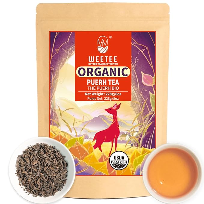 WT WEETEE Organic Pu-erh Loose Leaf Tea, Organic Ripe Pu'erh Tea 228g / 8 ounce, Earthy Darktea Blacktea, Rich Antioxidants