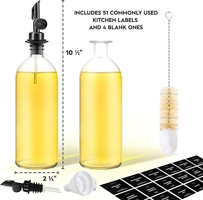 Spaceneat Oil Dispenser for Kitchen - Glass Olive Oil Bottle Set of 2 (16.9oz) with Black Weighted Self-Closing Pourer - Cooking Oil Dispenser with 66 Labels, Aligner & Funnel