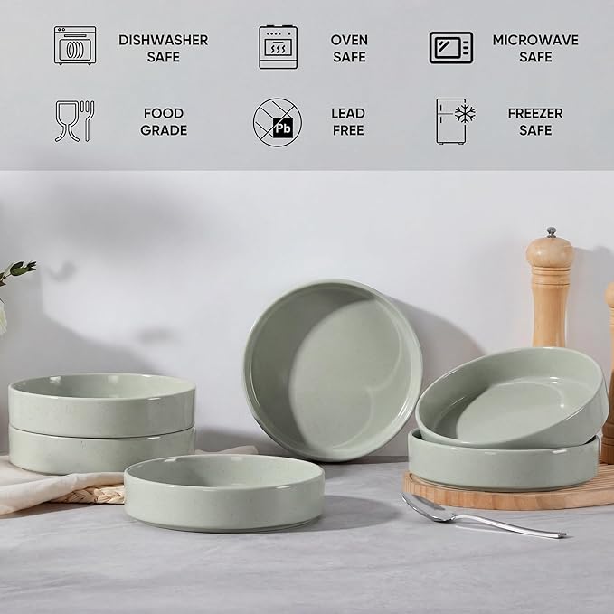 E-far Pasta Bowls Set of 6, 35 oz Large Stoneware Bowl Plates | Shallow & Wide Ceramic Pasta Serving Plates for Salad Dinner Soup | Microwave & Dishwasher Safe, Speckled Green