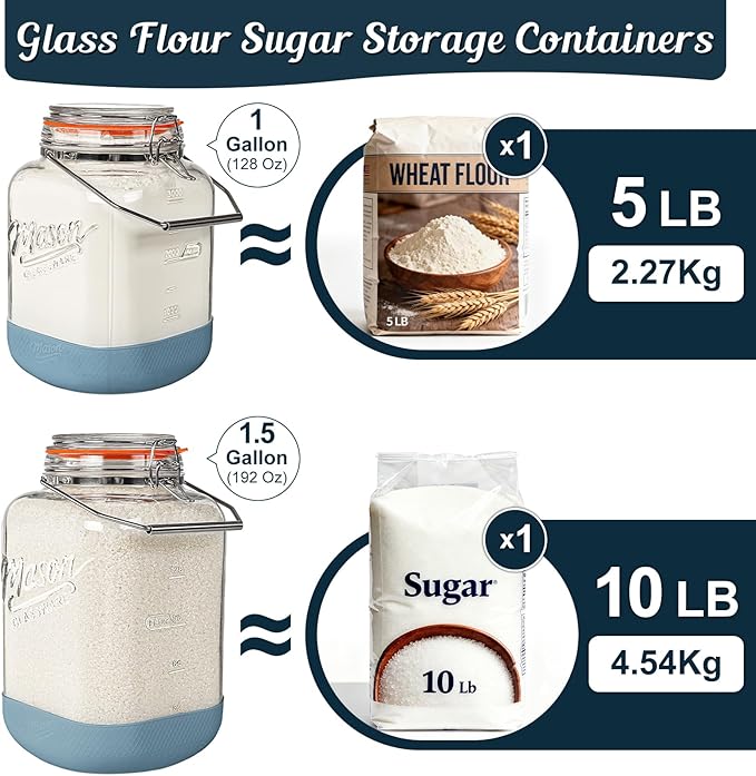 2 Pack 1.5 Gallon Glass Jar With Airtight Lid, Square Large Mason Jars Wide Mouth with Scale Marks and Stainless Steel Handle-192 Oz Non-slip Glass Storage Containers for Flour Sugar Cookie