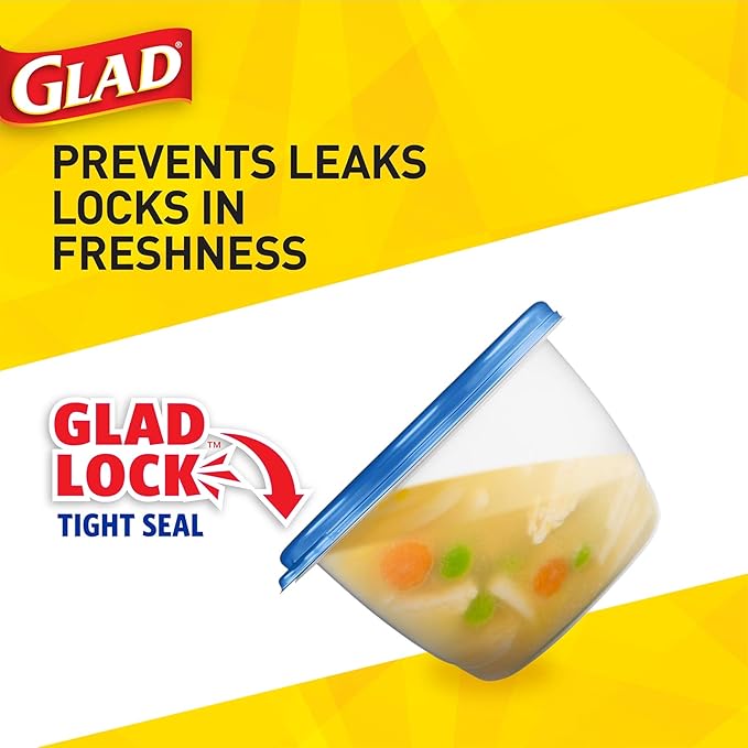 Glad GladWare to Go Lunch Food Storage Containers with Lids, Medium Round No BPA Plastic with Built-in Dressing Cup for Salads and Lunches, Microwave Dishwasher Safe, 32 Oz, 4 Count