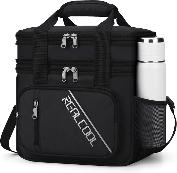 RealCool Lunch Bag, Insulated Lunch Box for Men Women, Double Deck Leakproof Soft Cooler Bag with Adjustable Strap, Reusable Lunchbox for Work, Travel, Camping (Black)