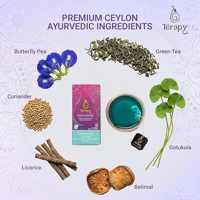 Térapy Ceylon Youthful Glow Tea Bags – Blue Butterfly Pea, Gotu Kola & Licorice Root Blend | Traditional Ayurvedic Herbal Tea Supporting Collagen for Skin & Hair Wellness | 18 Count