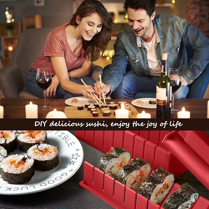 HI NINGER Sushi Making Kit Deluxe Edition Complete Sushi Maker Kit 12PCS Home Sushi Mold Press with Sushi Rice Roll Mold Shapes,Fork , Sushi Knife,Sushi Rolling Mat,Chopsticks