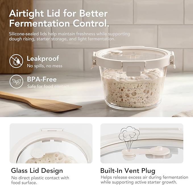 Premium Sourdough Starter & Dough Proofing Set, 2-Piece Borosilicate Glass Containers with Airtight Lids, Wide Mouth Measuring Bowls for Baking & Fermentation, Microwave & Oven Safe (24oz & 71oz)