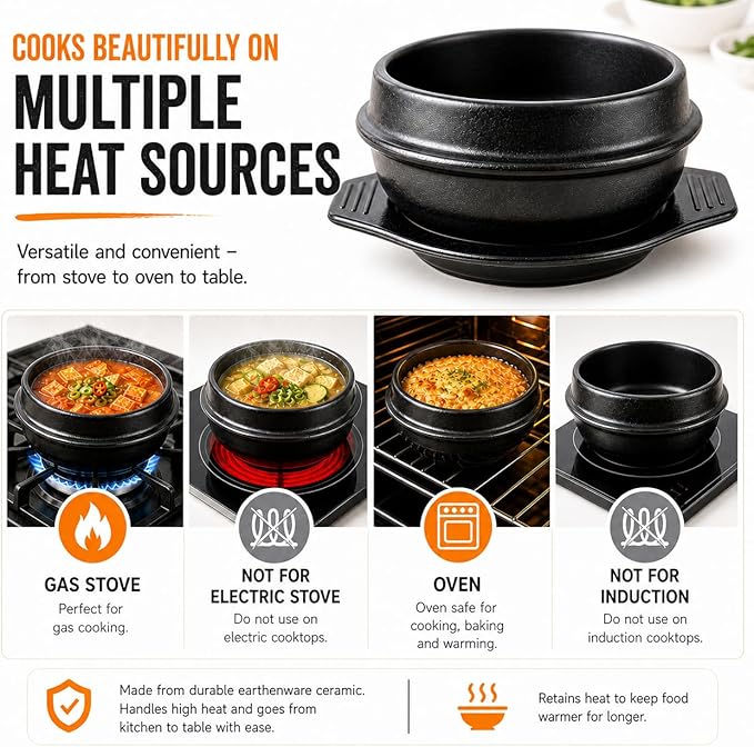XICHENGSHIDAI Korean Stone Bowl with Tray, Dolsot Bibimbap Bowl, Earthenware Ceramic Hot Pot for Soup, Stew, Rice, Ramen and Ttukbaegi, Oven & Stovetop Safe, Black - 57oz