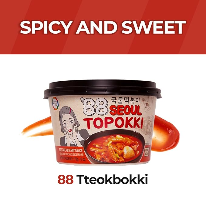Surasang Korean Tteokbokki Cup - Korean Street Food, Classic Sweet & Spicy Sauce, Instant 2-Minute Microwave Meal, Traditional Tteokbokki Rice Cakes, 6 oz – Pack of 6
