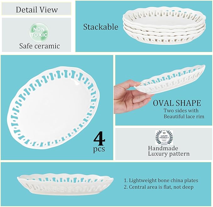 4 Pack Small Lace Serving Plates, 8" x 6" Oval Ceramic Dinner Plates for Dessert Appetizer Salad Bread Fruit Snack, Cute Side Dishes Set of 4 to Home Kitchen Party & Gift, Microwave & Dishwasher Safe