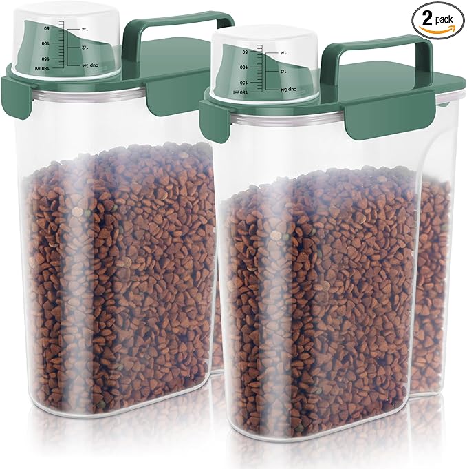 LEAWALK 5-7lbs Cat Dog Storage Container Portable with Upgraded Large Spout and Cup, Plastic Pet Food Dispenser BPA-Free for Small Animal Kibble, Bird Seed, Oatmeal, Rice, Flour-2Pack Dark Green