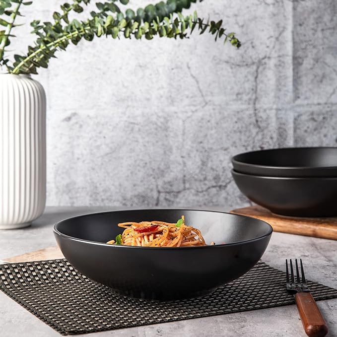 AmorArc 8.75‘’ Large Pasta Bowls, 42 ounce Deep Stoneware Bowls Set of 6 for Kitchen, Wide Bowl for Pasta/Salad/Fruit/Oatmeal/Soup, Microwave&Dishwasher Safe-Matte Black
