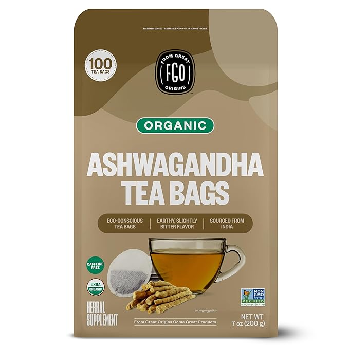 FGO Organic Ashwagandha Tea, 100 Count, Eco-Conscious Herbal Tea Bags, Resealable Bag, Caffeine Free, Packaging May Vary (Pack of 1)
