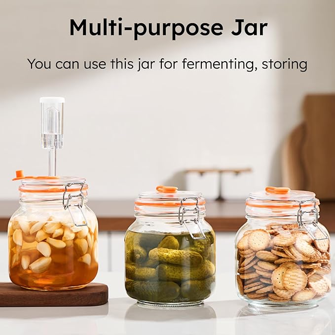 Jillmo 1 Liter Fermentation Jar, Square Glass Fermenting Kit with Weight for Making Sauerkraut, Hot Sauce, Mead, Cider and More, Pack of 2