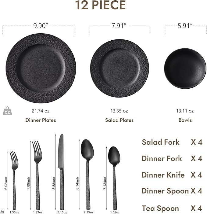 KINGSTONE Black Dinnerware Sets with flatware, 32-Piece Matte Marble Pattern Premium Porcelain, Place Setting with Dinner Plate, Salad Plate, Pasta Bowl, Microwave and Dishwasher Safe
