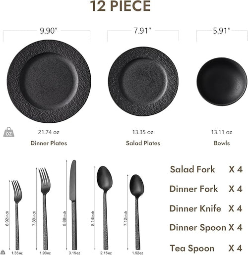 KINGSTONE Black Dinnerware Sets with flatware, 32-Piece Matte Marble Pattern Premium Porcelain, Place Setting with Dinner Plate, Salad Plate, Pasta Bowl, Microwave and Dishwasher Safe