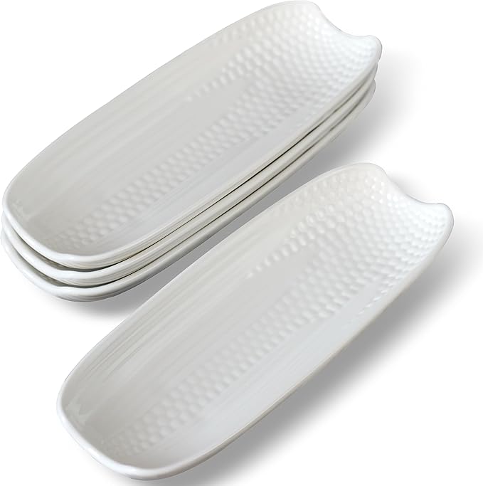 Cinf Ceramic Corn Cob Holders 8.8" Corn Dishes Set of 4, White Dishes Non-slip Bottom Microwave Dishwasher Oven Safe