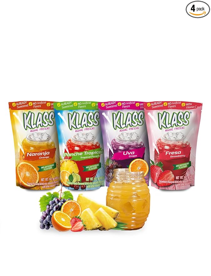 Klass Aguas Frescas Drink Mix Tropical Variety Pack - Strawberry, Grape, Tropical Punch & Orange - Powder Drink Mix, Water Drink Mix with Natural Flavors & Vitamin C, Makes 28 to 36 Quarts (56 to 72 Drinks)
