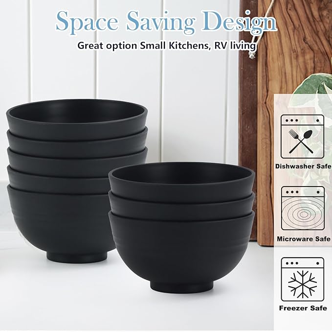 PYRMONT Unbreakable 10 OZ Bowls Wheat Straw Bowls Set of 8 Alternative Plastic Bowls Reusable Dishwasher & Microwave Safe Small Bowls for Kitchen,Camping,Small Ice Cream Bowls for Party-Black