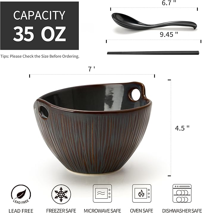 Ramen Bowl with Chopsticks and Spoons Set, 7 Inch Ceramic Noodle Bowl Set of 2, Dishwasher Safe for Pho Udon Soba Noodle Salad Pasta, Special Reactive Glazed Bowls Set, Amethyst Veil