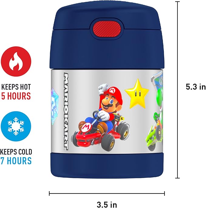 THERMOS FUNTAINER Insulated Food Jar, 10 Ounce, Kid Friendly Food Jar with Foldable Spoon, Mario Kart