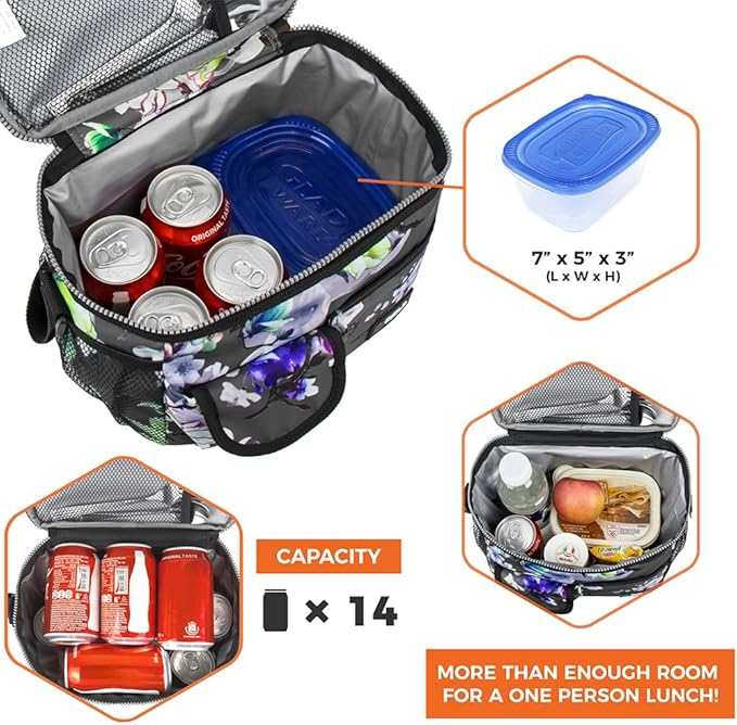 opux Insulated Lunch Box for Men Women Kids, Leakproof Reusable Lunch Bag Cooler for Work School Office, Soft Thermal Lunchbox Tote with Shoulder Strap for Boys Girls Adults, Floral Grey, 14 Can/8L