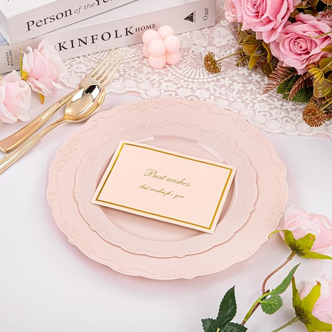 U-QE 100PCS Mauve Pink Plastic Plates - Heavy Duty Pink Disposable Plates for Mothers Day, Party, Baby Shower, Wedding - Serving 50 Guests Include 50PCS 10'' Dinner Plates & 50PCS 7.5'' Dessert Plates