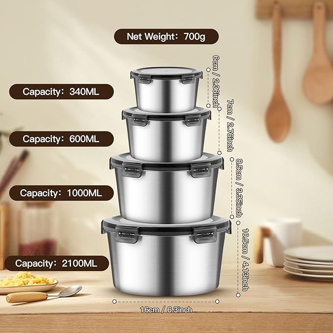 316L Stainless Steel Food Storage Containers with Lids, 11.5oz/20oz 34oz/71oz Airtight Metal Meal Prep Containers,Bento Lunch Box for Kitchen, Picnic & Camping（340 ml/600 ml/1000 ml/2100 ml）