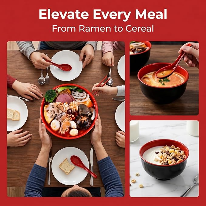 Lyellfe Set of 10 Miso Soup Bowl with Spoon, Restaurant Quality Melamine Cereal Rice Bowl, 16 Oz Unbreakable Japanese Dinnerware for Ramen, Udon Noodle, Dishwasher Safe
