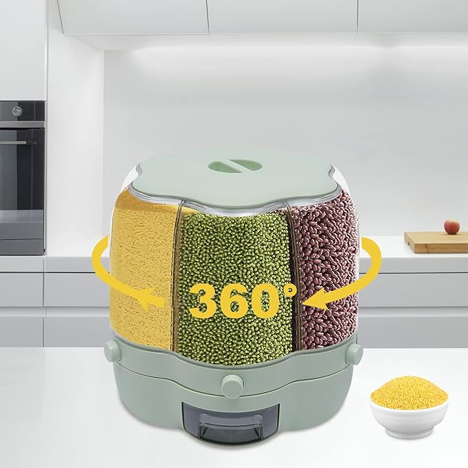 360° Rotating Grain Dispenser With 6 Grids, 13.2lbs Large Capacity Grain Dispenser Rotating Kitchen Storage Containers With Sealed Lid For Peanut Barley Millet And Cereal (Matcha green, 17.6 lbs)