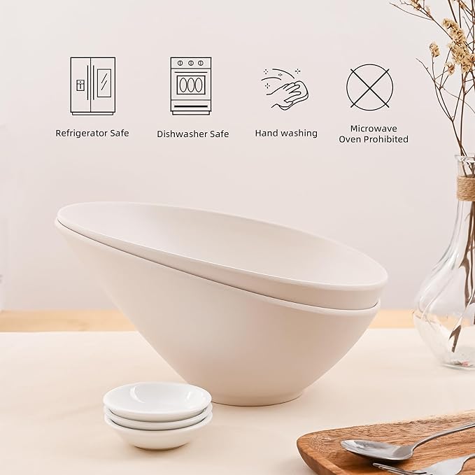 LOVYANXUE Salad Bowls, 4 Packs Serving Bowl, Compostable 33 Ounce Pasta Bowls, Elegant White Angled Bowl for Salad, Pasta, Soup, Prep, Ideal for Home and Restaurant