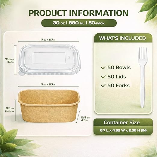 TOPtoper 50 Pack 30 OZ Disposable Meal Prep Containers with Lids and Forks, Large Kraft Paper Bowls for Party, Disposable Food Containers with Lids, Freezer and Microwave Safe Meal Prep Containers