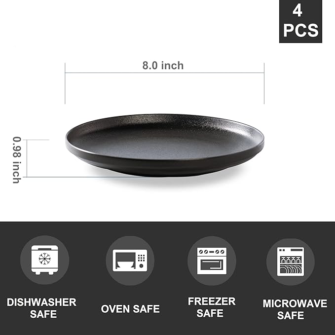 Ceramic Flat Plates Set of 4-8 in - The Dessert, Salad, Appetizer, Small Lunch, etc Plate. Microwave, Oven, and Dishwasher Safe, Scratch Resistant. Kitchen Porcelain Dish-Matte Black