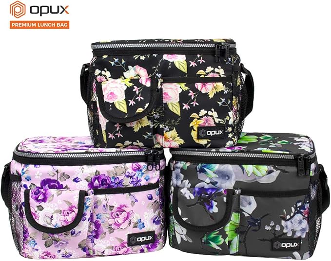 opux Insulated Lunch Box for Men Women Kids, Leakproof Reusable Lunch Bag Cooler for Work School Office, Soft Thermal Lunchbox Tote with Shoulder Strap for Boys Girls Adults, Floral Black, 14 Can/8L