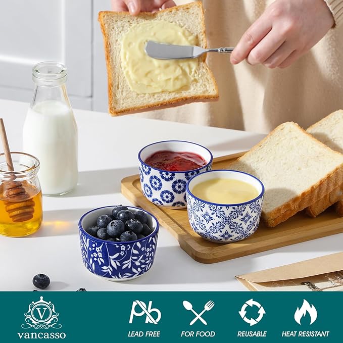 vancasso Selene 4 oz Mini Ceramic Ramekins Set of 6, Oven-Safe Baking Cups for Crème Brûlée, Soufflés, Desserts, Handcrafted Blue and White Patterns