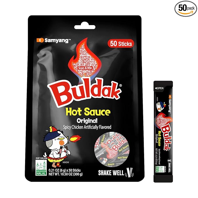 Samyang Buldak Korean Spicy Hot Chicken Stick Sauce Original Flavor Authentic Korean Sauce for Ramen Snacks and Dipping 0.17 fl oz (Pack of 50)