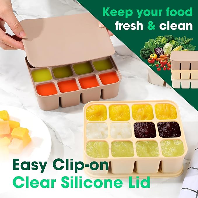 Mimorou 3 Pack Baby Food Freezer Tray with Lids 2.13 oz x 6 Cups/1.15 oz x 12 Cups Silicone Baby Food Storage Container Ice Cube Molds for Homemade Vegetable Fruit Snack(12 Cups,White, Yellow, Brown)