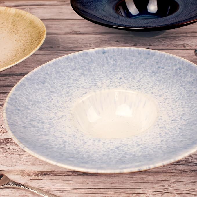 Soup Bowls, Soup Plates, 7.1 oz, Porcelain Pasta Bowl Set of 4, Wide edge Shallow Bowl Plates, Rimmed Bowls with Rim, Best choice for high-end restaurants and foodies,Azure blue 11.6 Inch