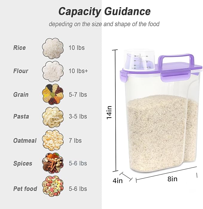 LEAWALK 10LBS Airtight Rice Food Storage Container BPA Free, 5.28Qt Clear Plastic Kitchen and Pantry Organization Bin Suitable for Cereal, Dry, Oats, Flour, Sugar, Pasta, Pet Food-Clear Purple