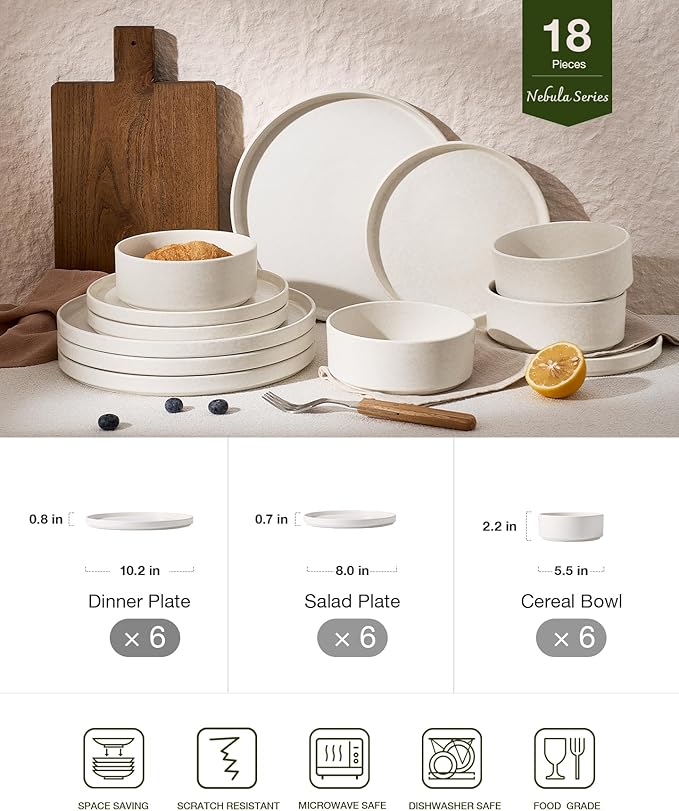 Famiware Nebula Plates and Bowls Sets, 18 Pieces Stoneware Dinnerware Sets, Reactive Glaze Dish Set, Dishes Set for 6, Matte Beige White