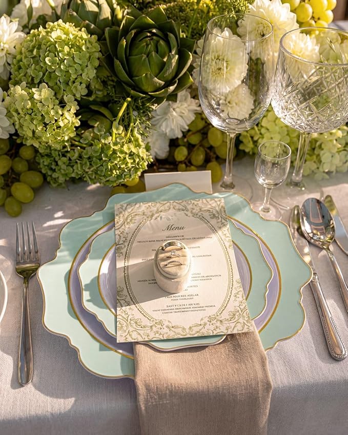 WDF 100PCS Mint Green Plastic Plates - Green Spring Plates Disposable - Heavy Duty Scalloped Plastic Plate for Parties/Wedding/Spring