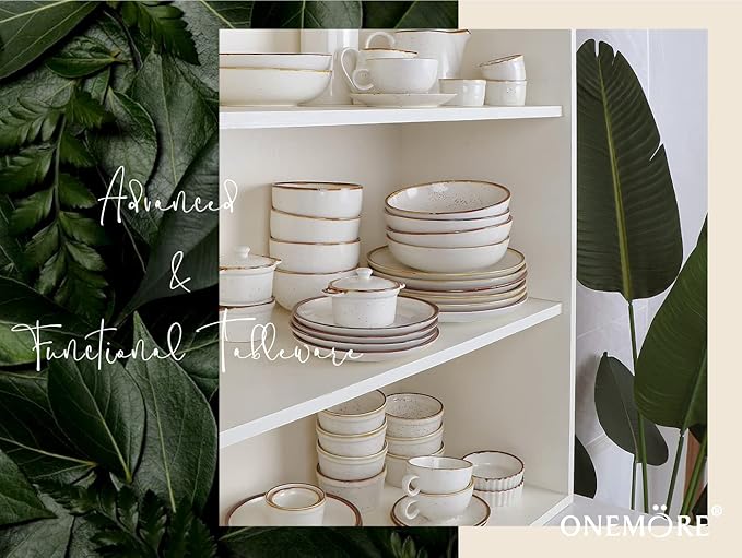 ONEMORE Ceramic Plates Set of 6, 8.5 inch Small Dinner Plates for Appetizer, Salad and Dessert. Oven, Microwave and Dishwasher Safe Plate. Rustic Kitchen Porcelain Dish - Cream White