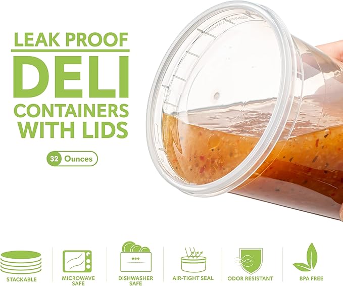 Elegant Disposables 32 OZ - 24 Sets Plastic Deli Food Storage Containers with Airtight Flexible Lids Microwavable, Leak Free, Washable, Freezer Safe.