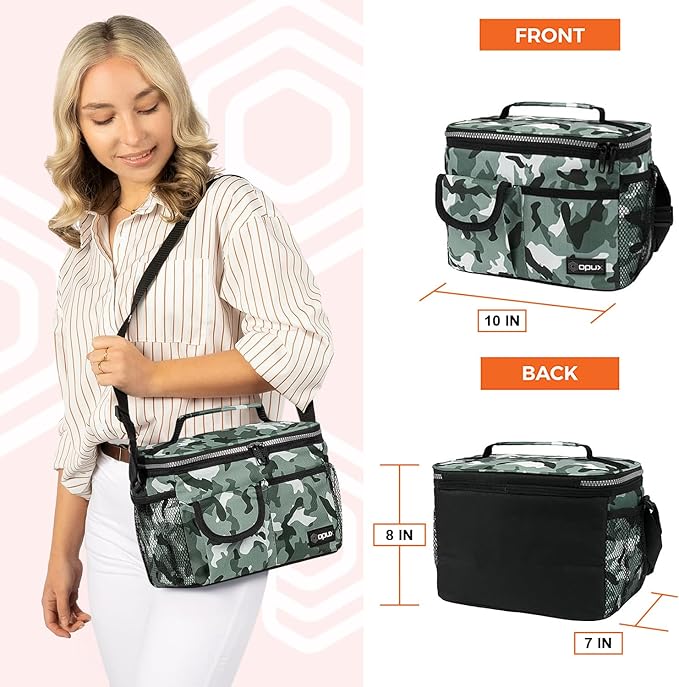opux Insulated Lunch Box for Men Women Kids, Leakproof Reusable Lunch Bag Cooler for Work School Office, Soft Thermal Lunchbox Tote with Shoulder Strap for Boys Girls Adults, Camo Green, 14 Can/8L