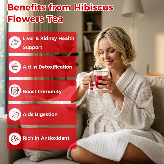 50 Bags Premium Natural Hibiscus Tea, 100% Pure Organic Hibiscus Flowers Herbal Tea, Caffeine-Free, Rich in Natural Goodness and Flavor, No Sugar, Gluten-Free, Vegan