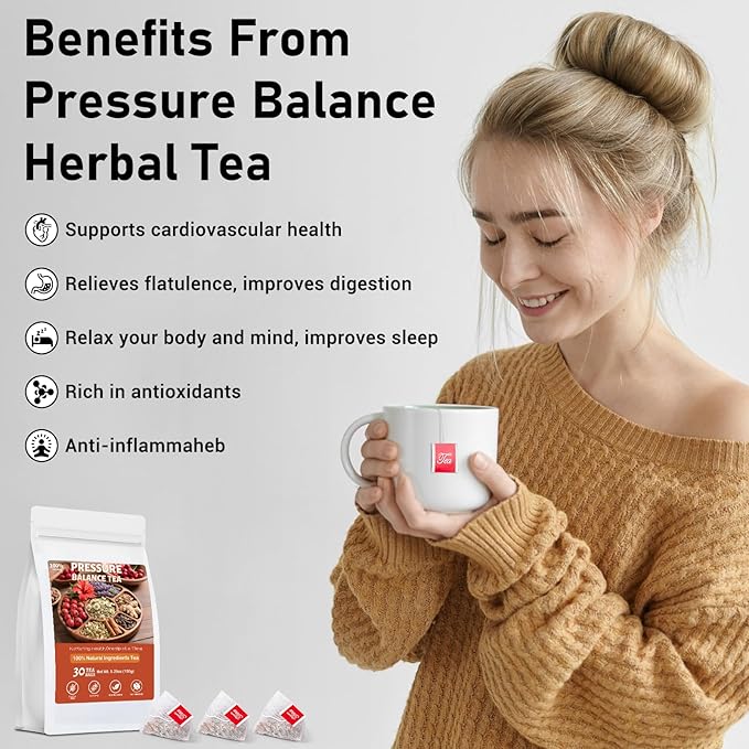 Pressure Balance Herbal Tea, Natural Heart Functional Tea, Traditional Chinese Herbal Teabags for Men & Women, Caffeine-Free, Sugar-Free, 9 Precious Ingredients Formula (1 Pack/30 Bags)