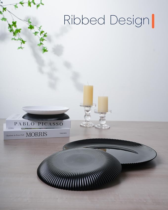 LaGlint 10.5 inch Ribbed Dinner Plate Set of 6, Round Opal Glass Black Dinnerware Plates, Dishwasher and Microwave Safe